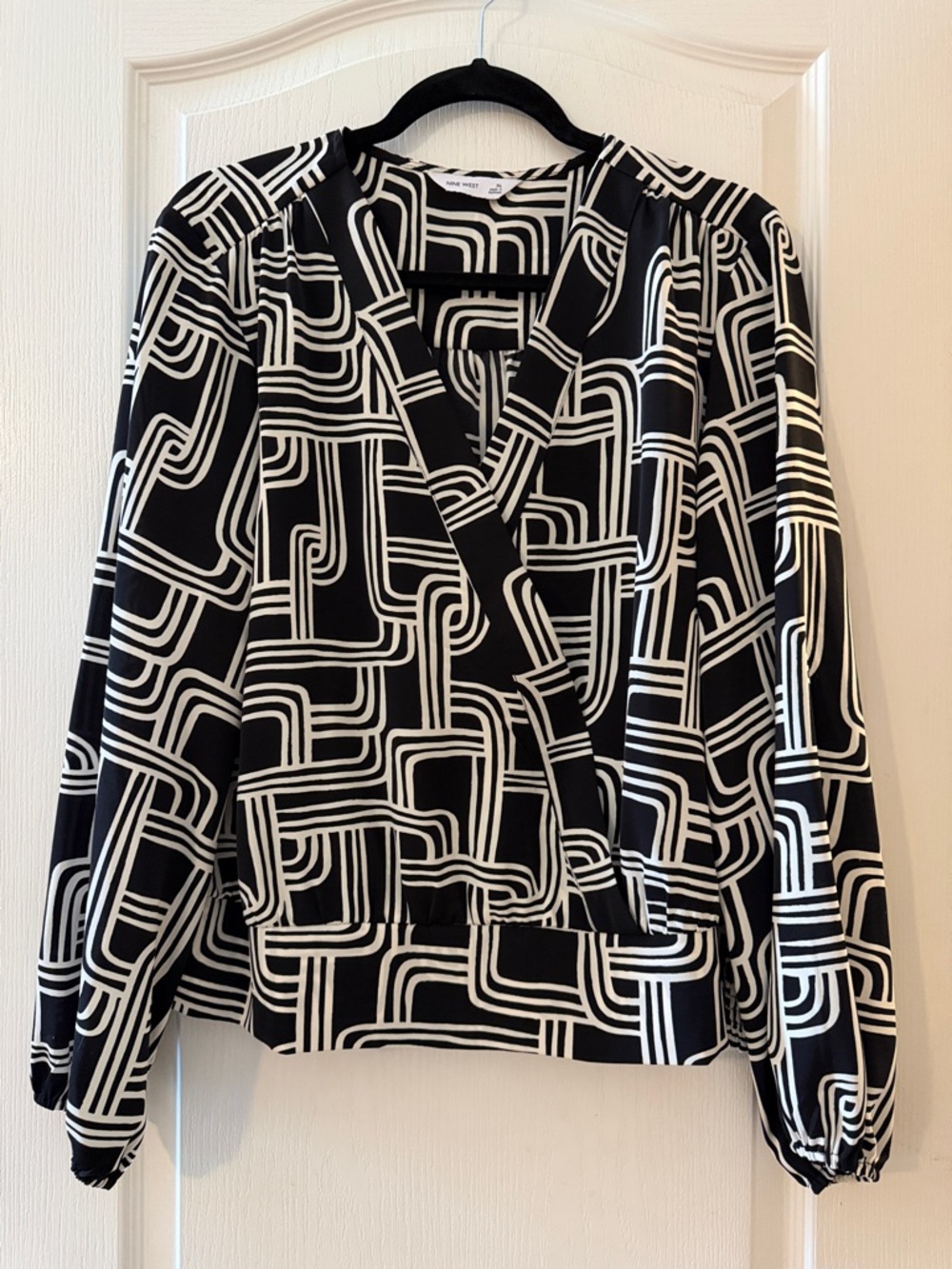 Nine West Black and White Geometric Wrap Blouse